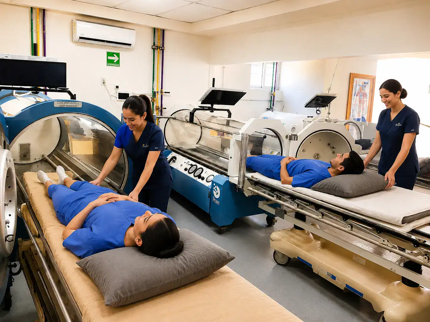Personal atendiendo a pacientes en cámaras hiperbáricas rígidas individuales en Tijuana