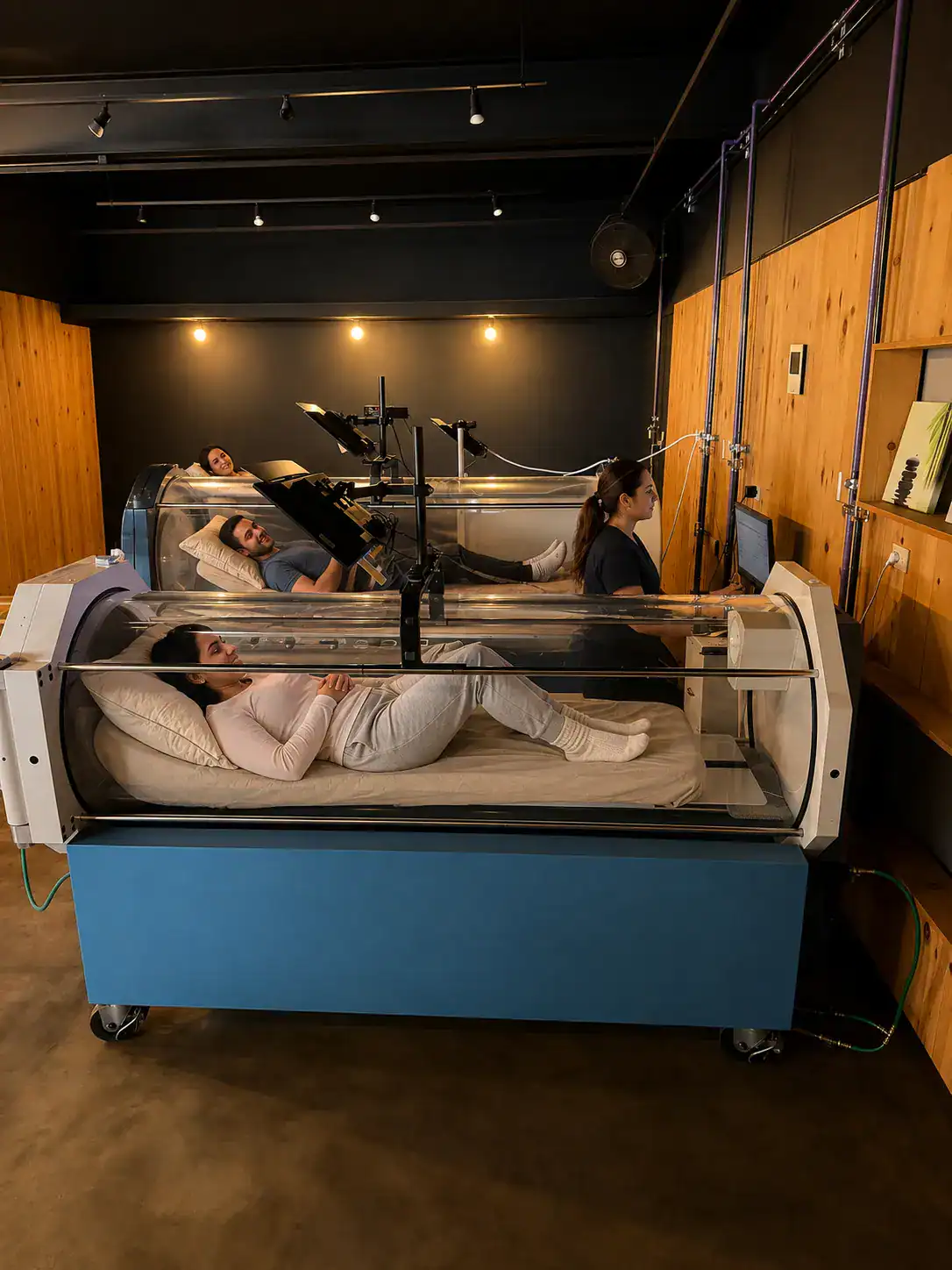 Barosala de Cámara Hiperbárica Tijuana en Plaza Salinas Tres cámaras hiperbáricas individuales con pacientes en sesión en Cámara Hiperbárica Tijuana