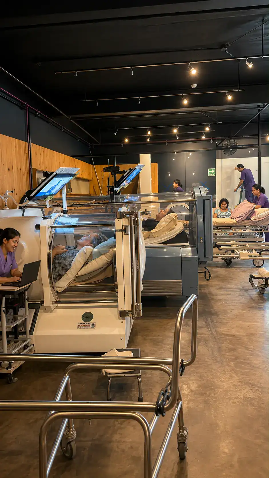 Pacientes en sesión de cámara hiperbárica acompañados por personal certificado en Tijuana